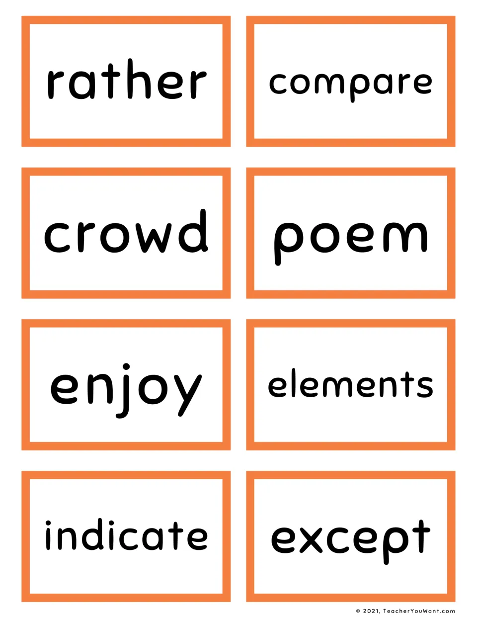 High-frequency word cards to read on sight: rather, compare, crowd, poem, enjoy, elements, indicate and except