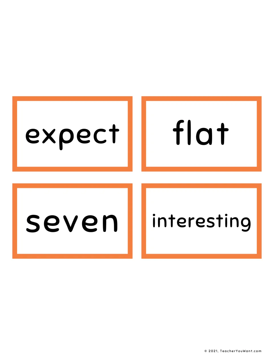 Four orange sight word cards for reading practice with the words expect, flat, seven and interesting