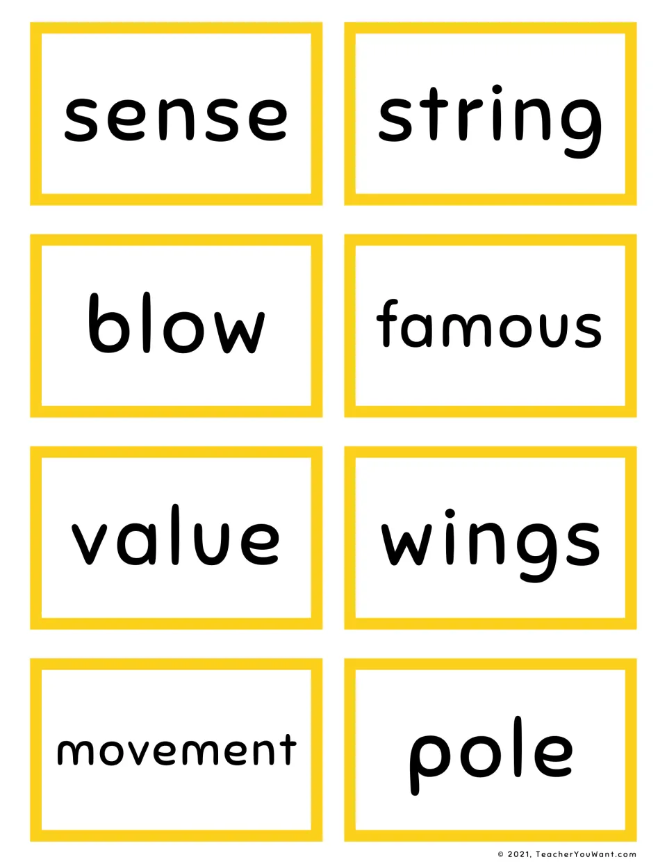 Yellow flash cards for practising instant word reading: sense, string, blow, famous, value, wings, movement and pole