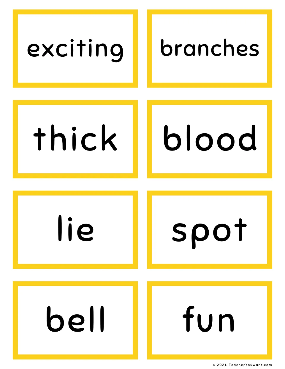 Sight words exciting, branches, thick, blood, lie, spot, bell and fun on cut-apart cards for reading by sight