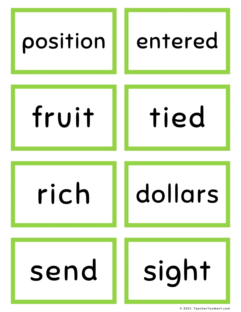 Green word cards for sight reading practice: position, entered, fruit, tied, rich, dollars, send and sight