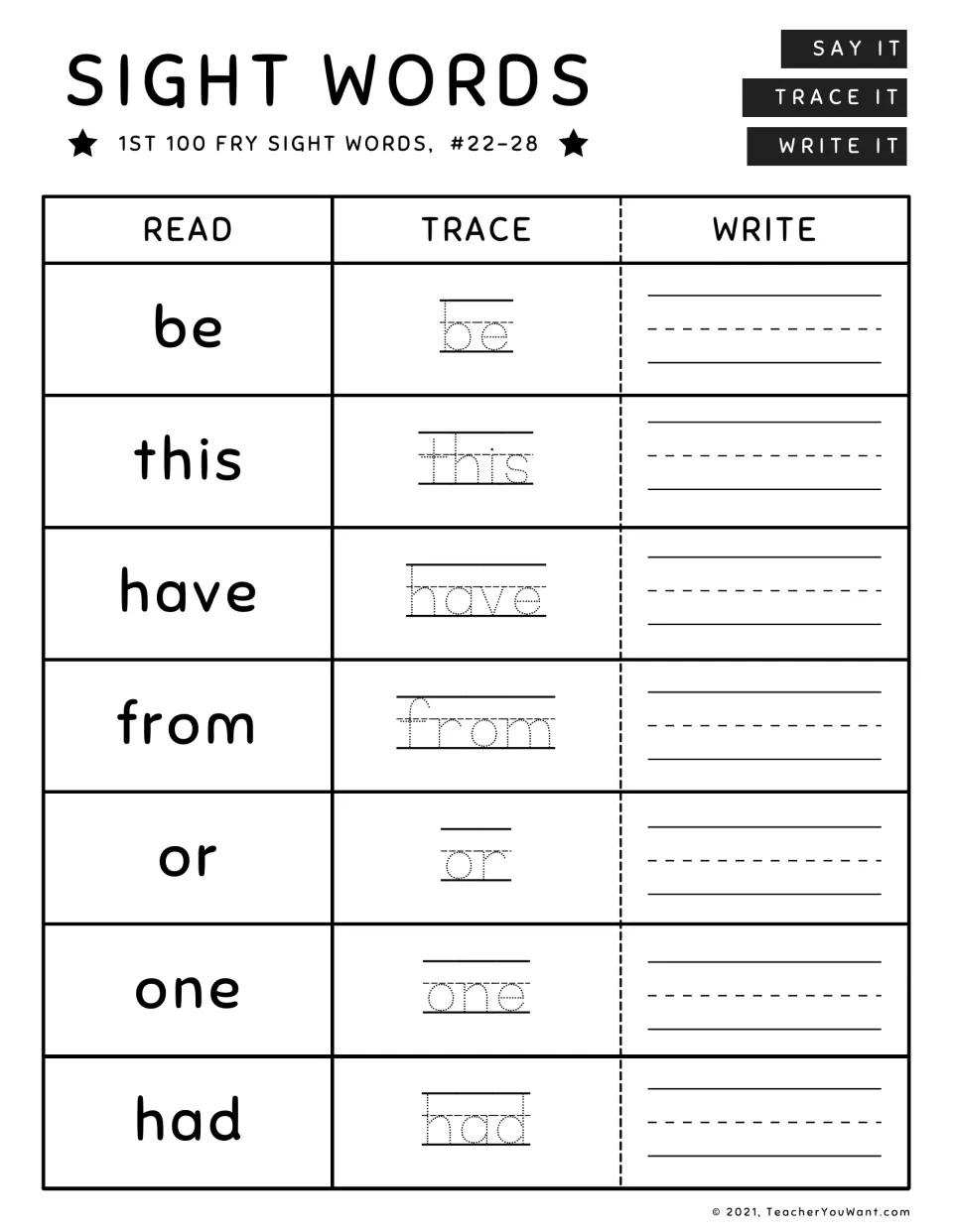 Sight words #22-28: students read, trace and write be, this, have, from, or, one and had using dotted letter models