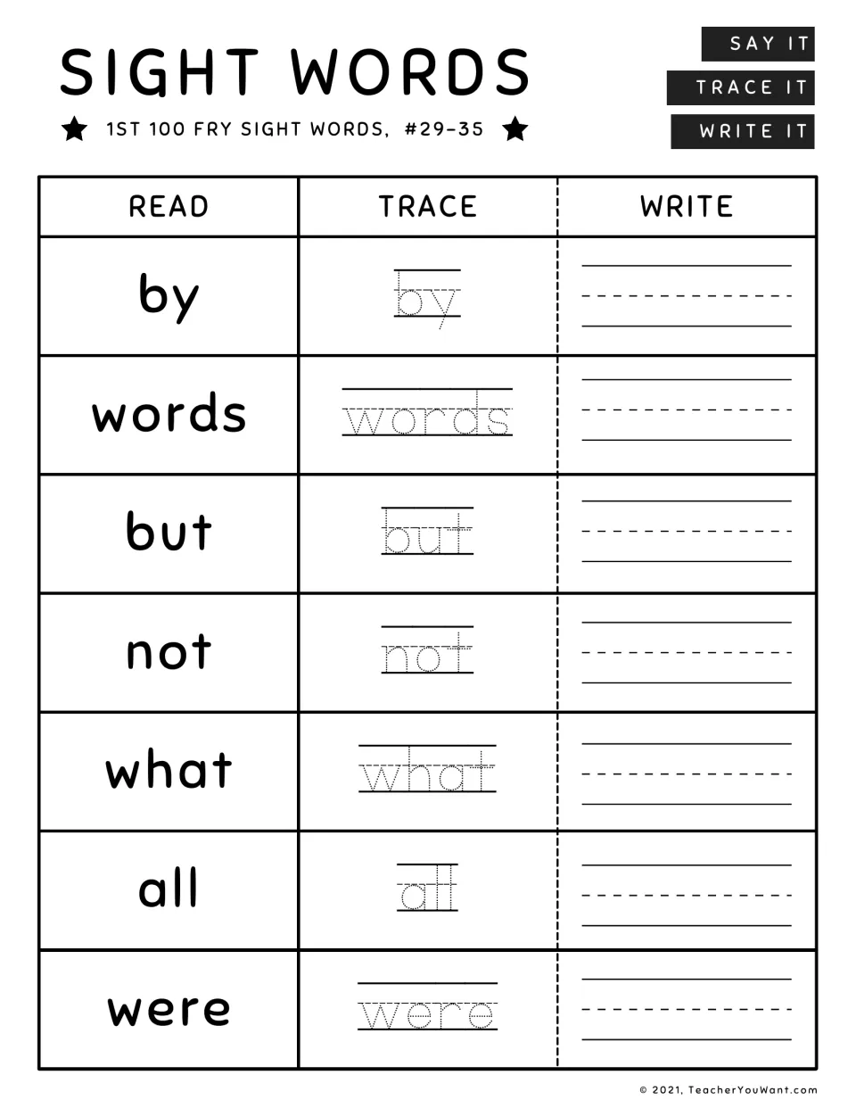 Sight words #29-35: students read, trace and write by, words, but, not, what, all and were, the last seven of the set