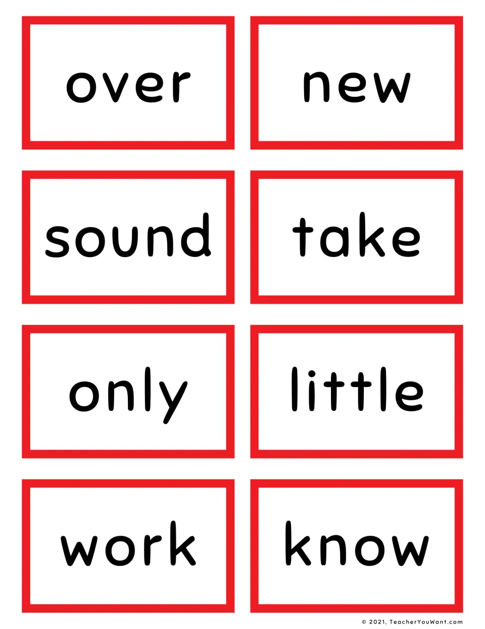 Sight word flashcards in red: over, new, sound, take, only, little, work and know, for students to cut out and read