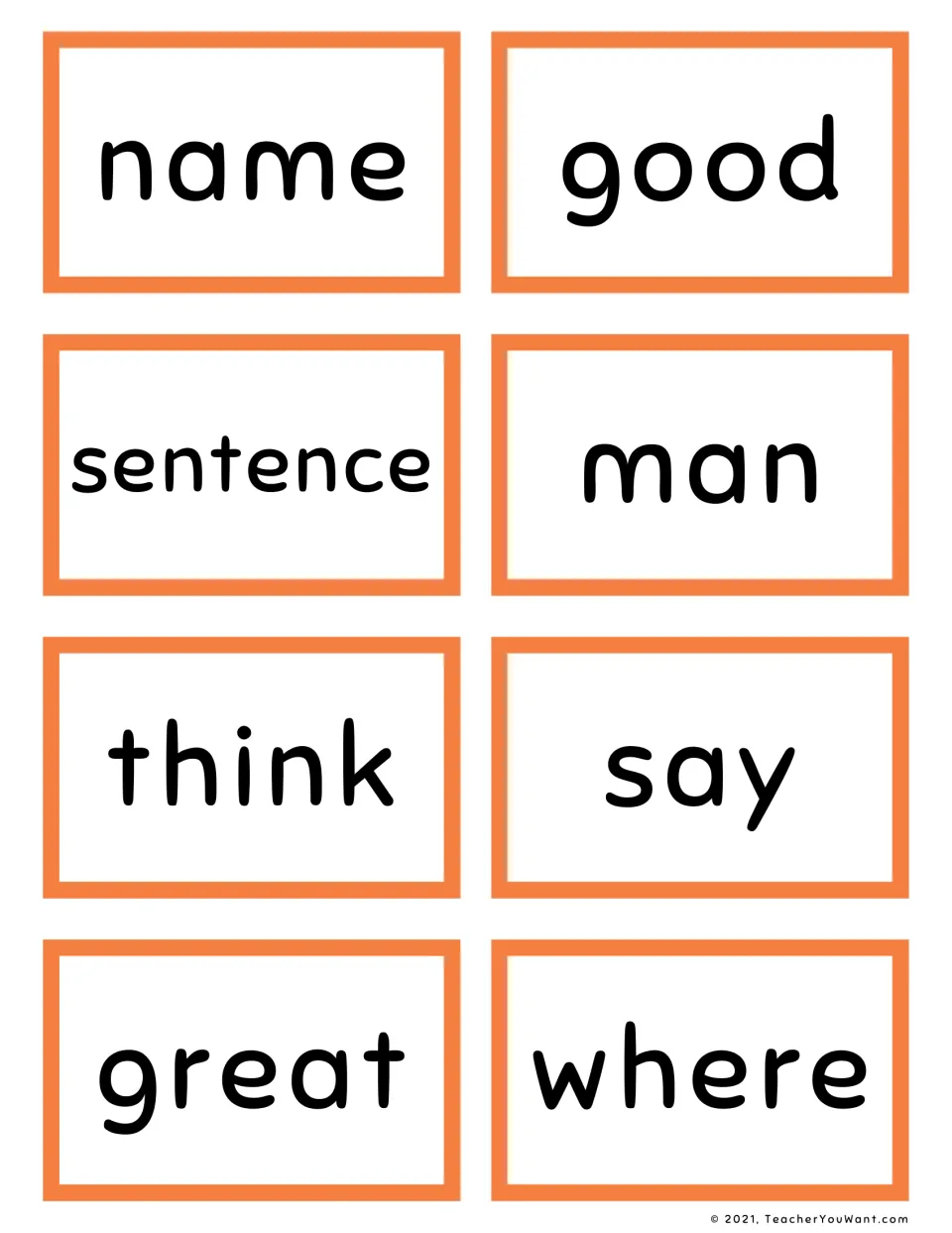 Orange sight word flashcards: name, good, sentence, man, think, say, great and where, for students to read on sight