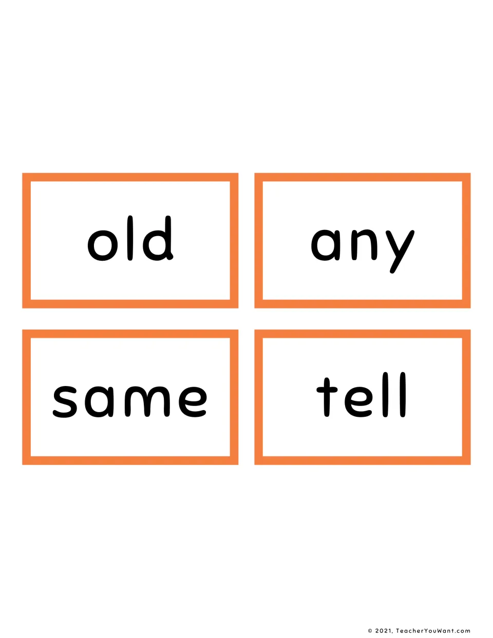 Four orange sight word cards reading old, any, same and tell, completing the orange set for students to cut out and read