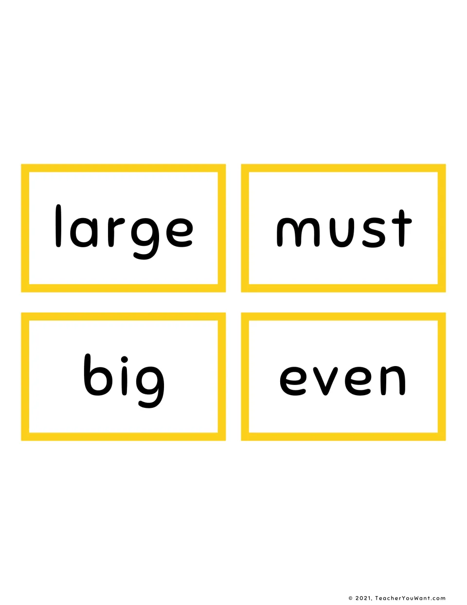 Four yellow sight word cards, large, must, big and even, finishing the yellow set; students cut out and read each word