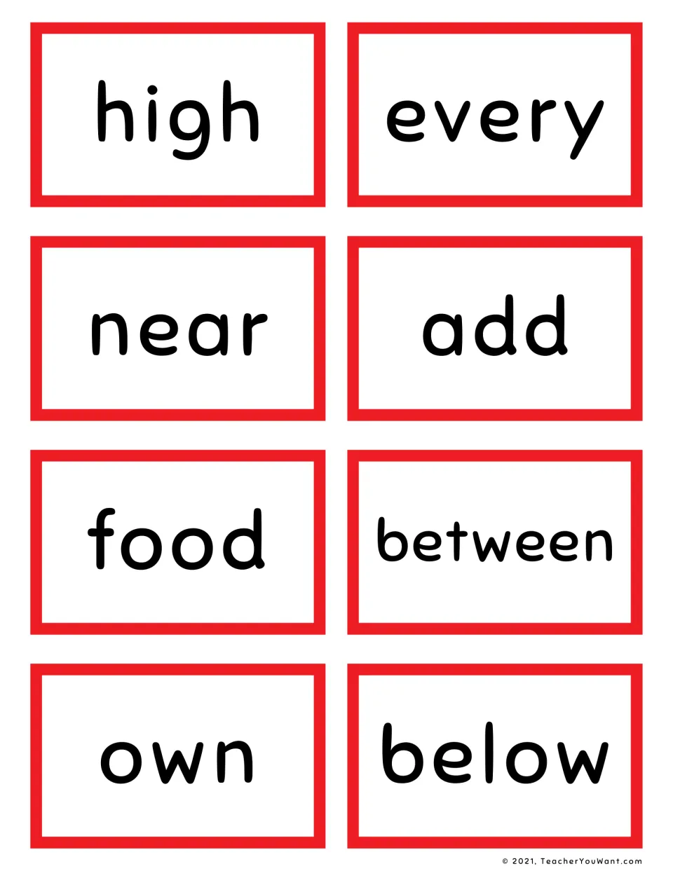 Fry sight word flashcards 1–8: high, every, near, add, food, between, own, and below for reading practice