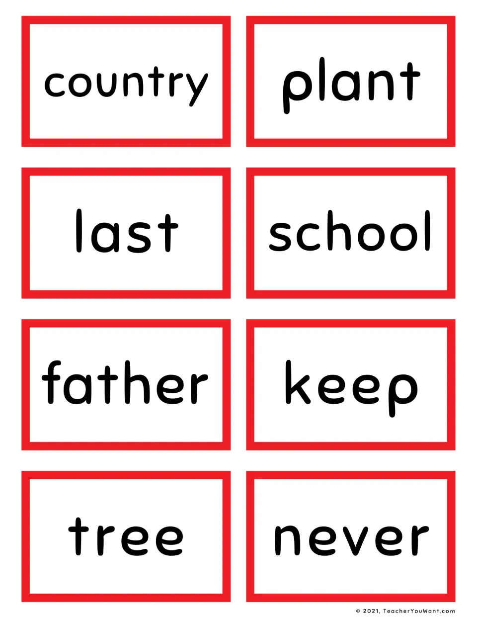 Fry sight word flashcards 9–16: country, plant, last, school, father, keep, tree, and never