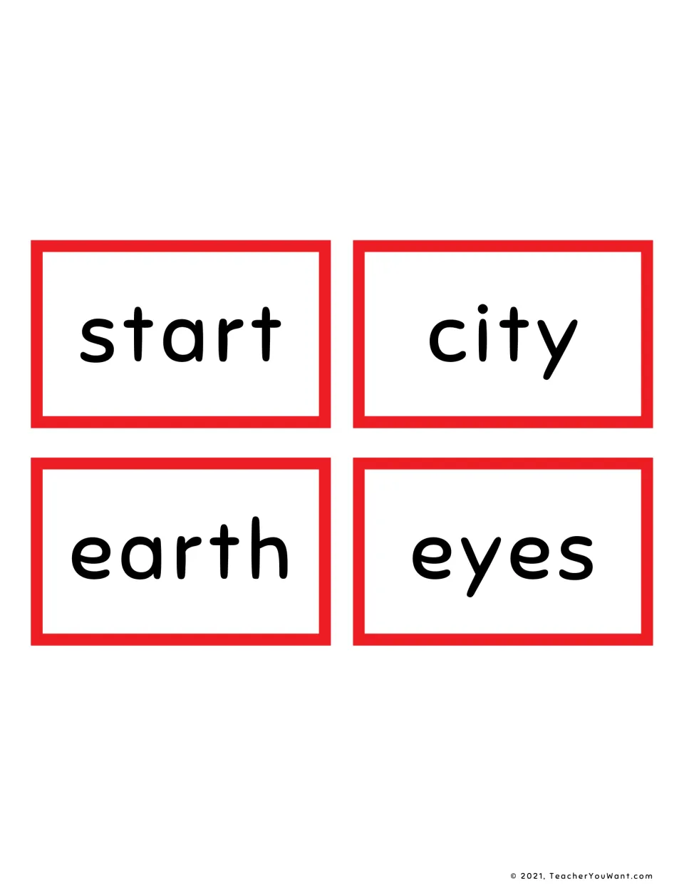Fry sight word flashcards 17–20: start, city, earth, and eyes, a four-card sheet for reading practice