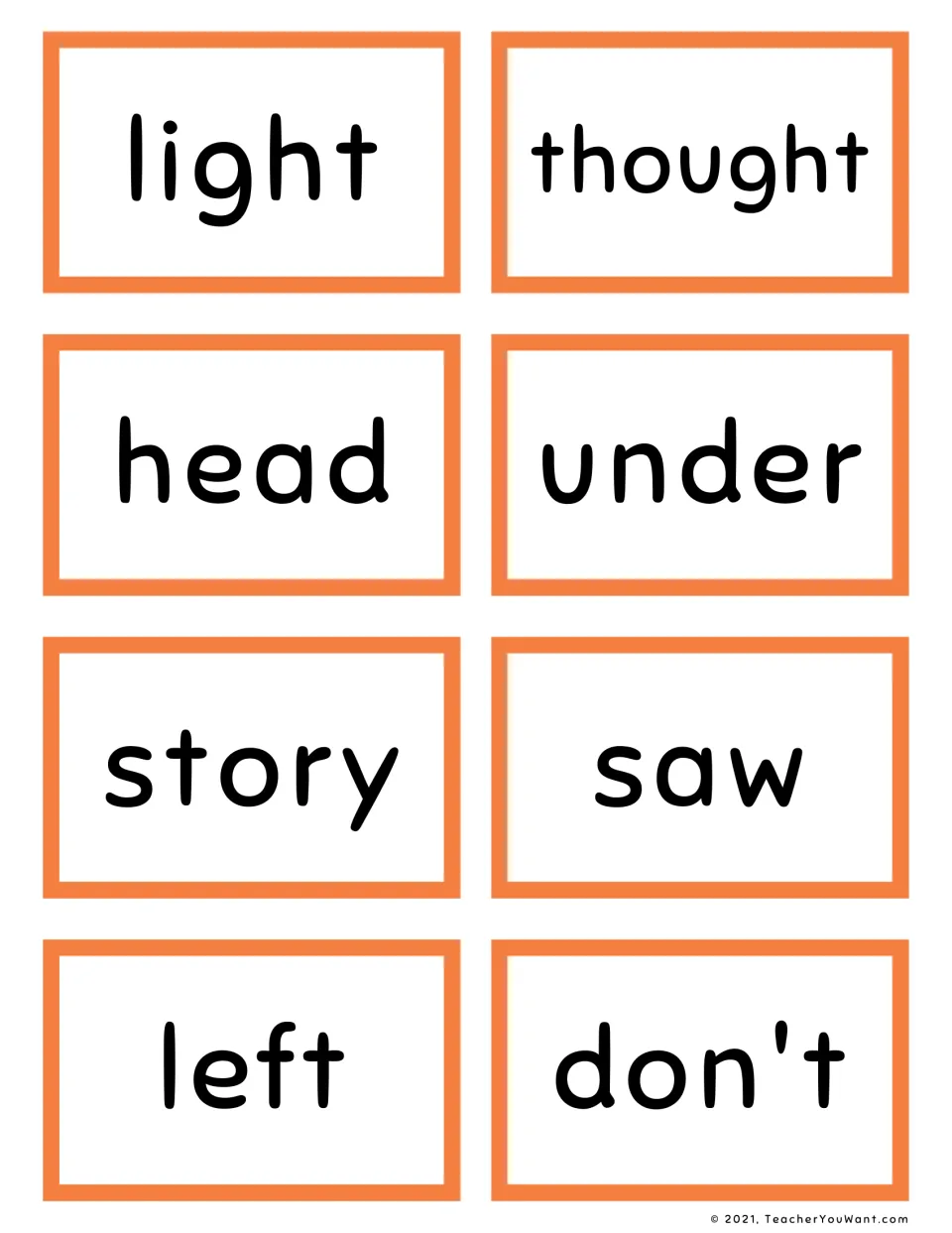 Fry sight word flashcards 21–28: light, thought, head, under, story, saw, left, and don't