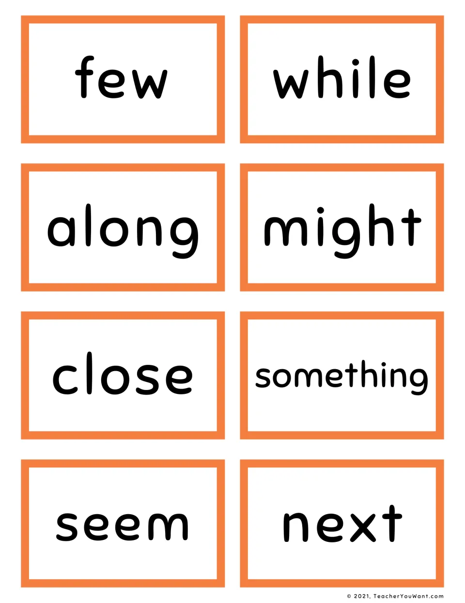 Fry sight word flashcards in orange: few, while, along, might, close, something, seem and next for word recognition