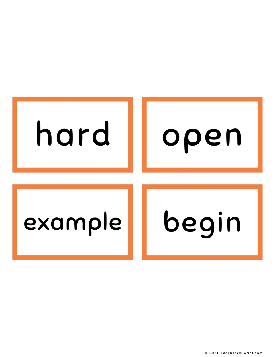 Fry sight word flashcards 37–40: hard, open, example, and begin, four words for reading practice