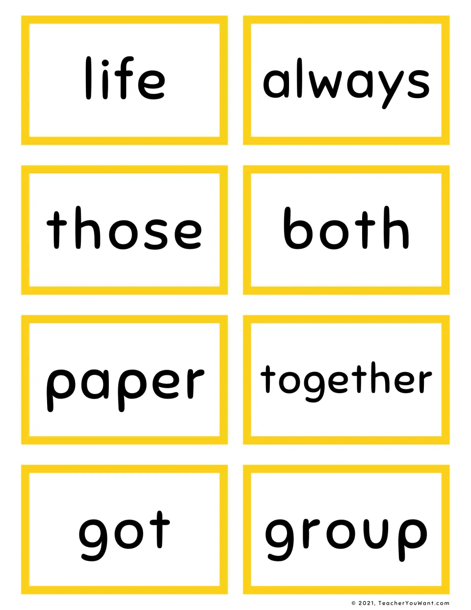 Fry sight word flashcards 41–48: life, always, those, both, paper, together, got, and group