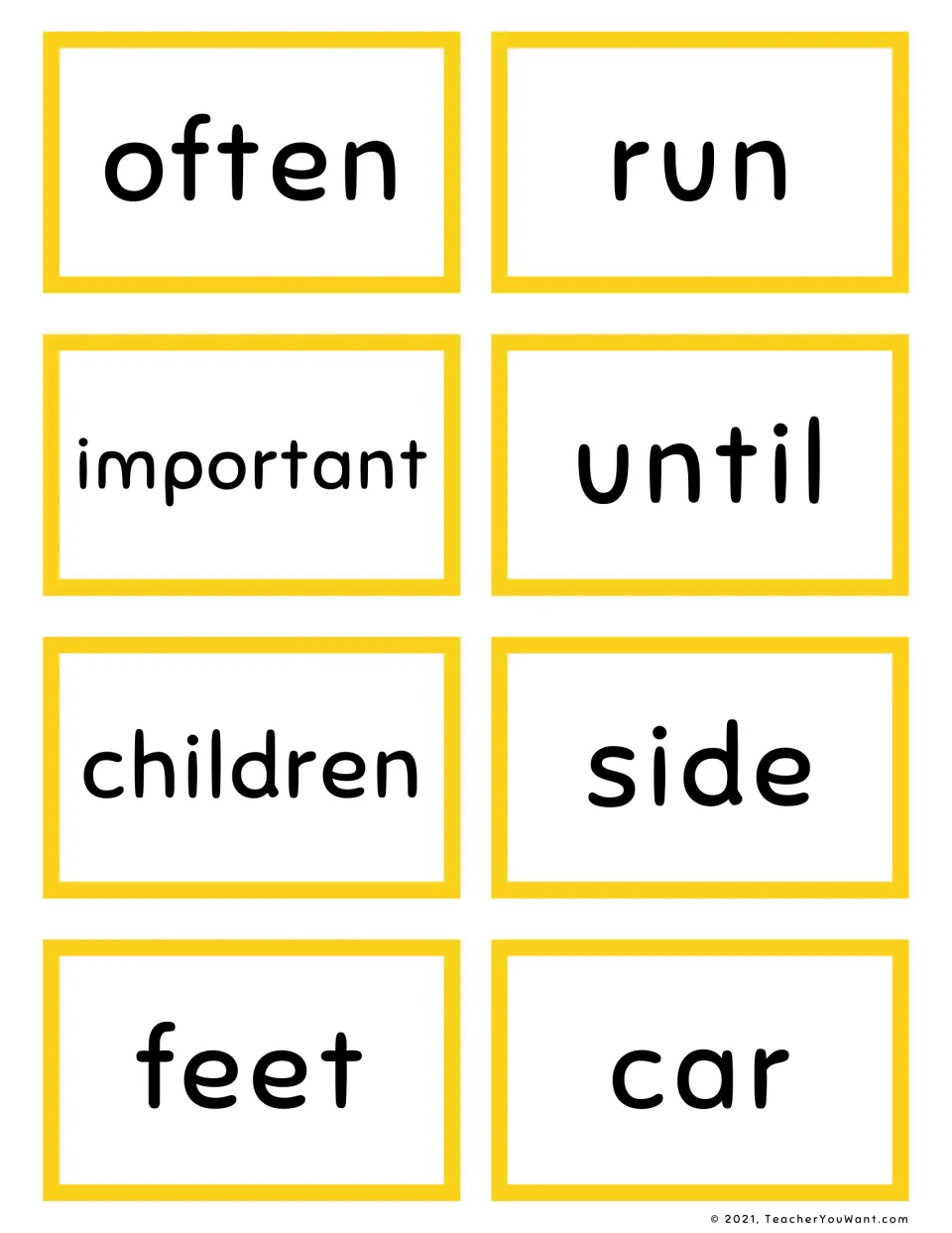Fry sight word flashcards 49–56: often, run, important, until, children, side, feet, and car