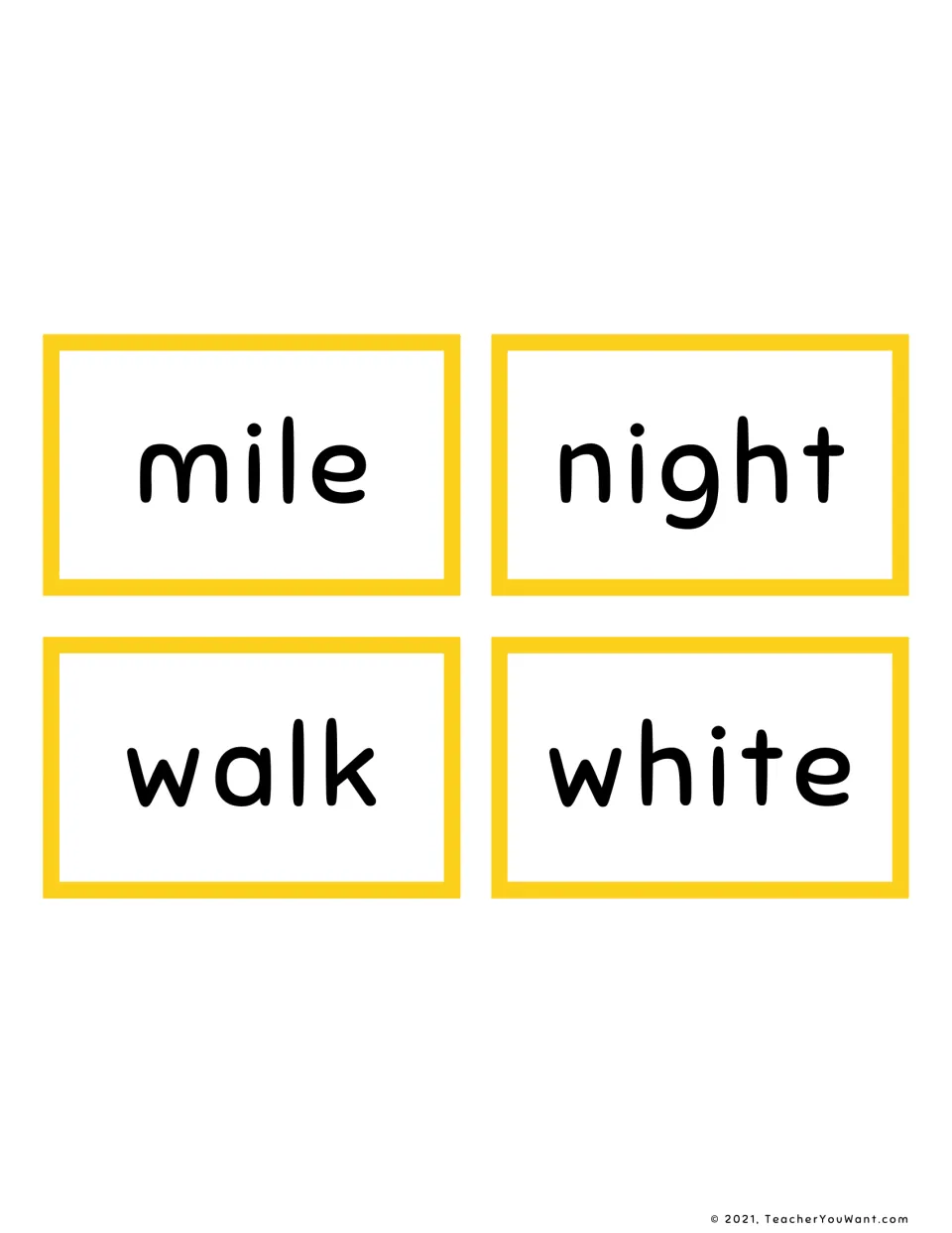 Fry sight word flashcards 57–60: mile, night, walk, and white, four words for reading practice