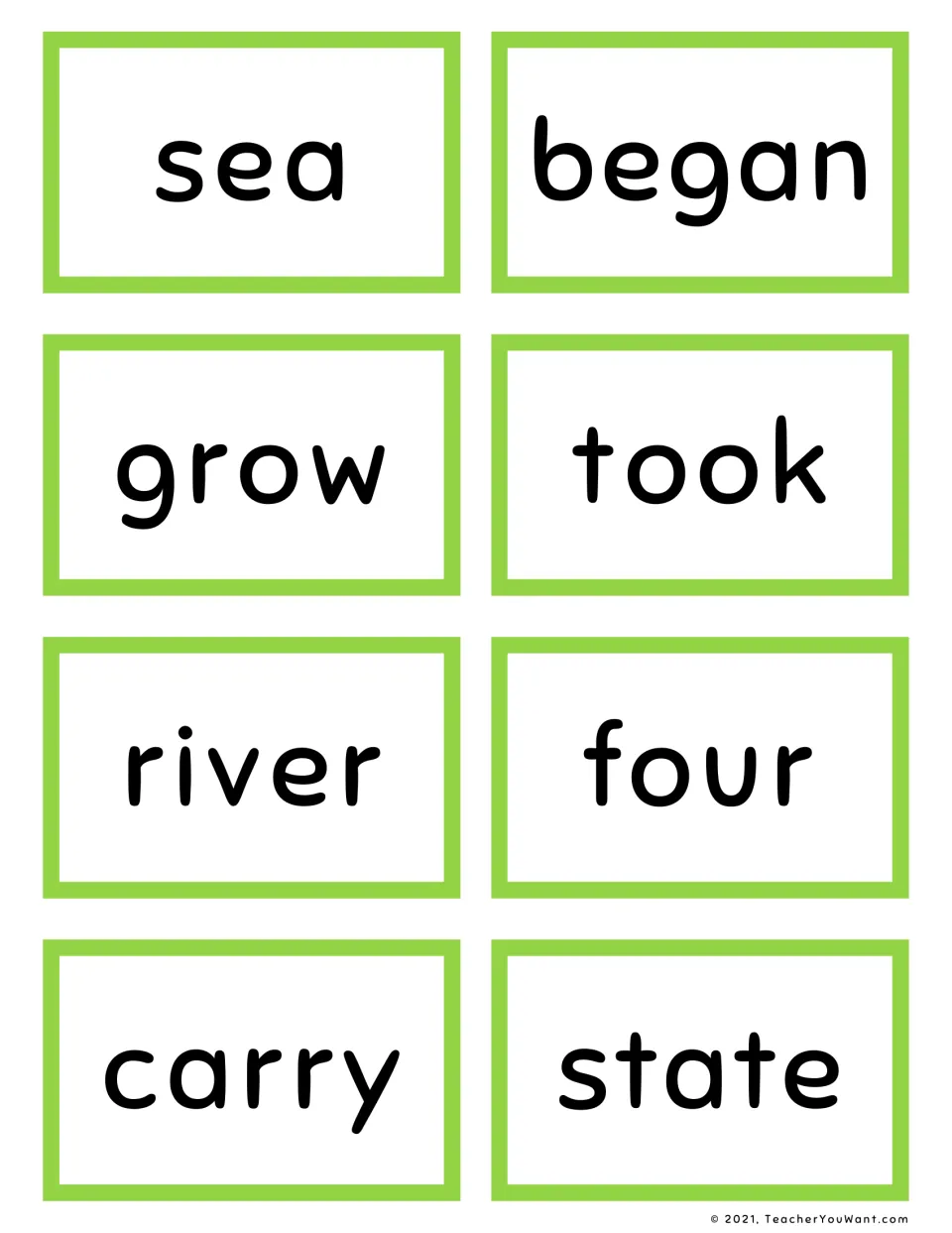 Fry sight word flashcards 61–68: sea, began, grow, took, river, four, carry, and state