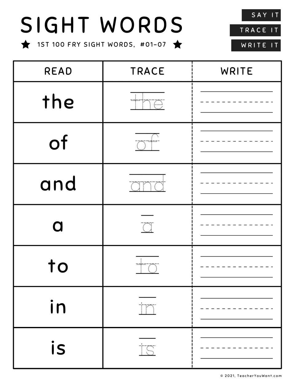 Fry sight words #01-07: students say, trace and write the, of, and, a, to, in and is to practise word recognition