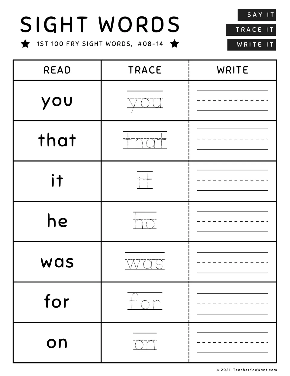 Fry words #08-14: learners read you, that, it, he, was, for and on, then trace each one and write it themselves