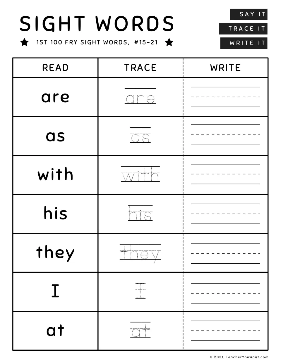 Sight words #15-21: read, trace and write are, as, with, his, they, I and at for high-frequency word spelling practice