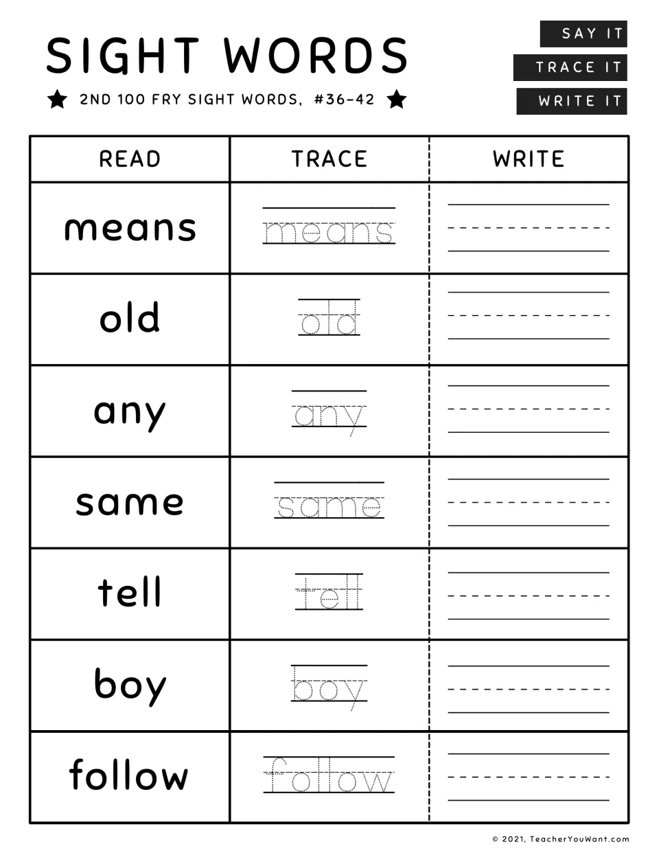 Fry sight words #36-42: reading, tracing and writing practice for means, old, any, same, tell, boy and follow