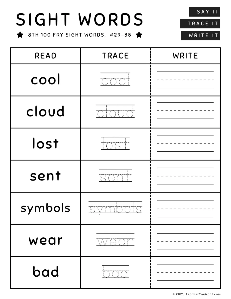 Fry words #29-35: read, trace and write sight word practice for cool, cloud, lost, sent, symbols, wear and bad
