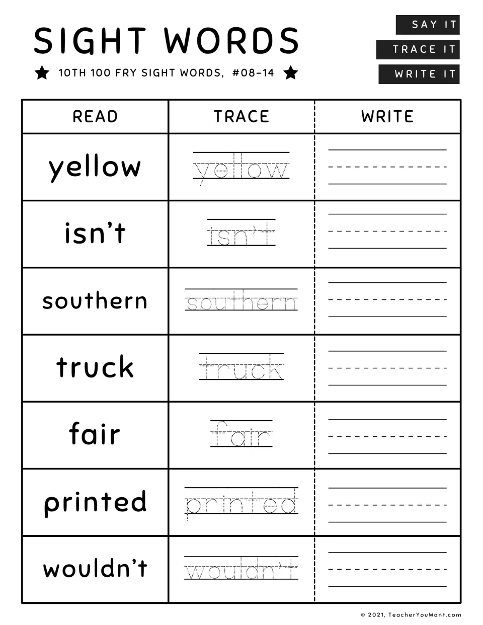 Fry sight words #08-14: students read, trace and write yellow, isn't, southern, truck, fair, printed, wouldn't
