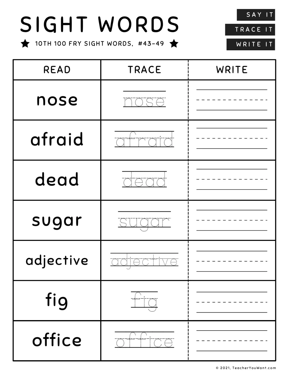 Fry sight words #43-49: students read, trace and write nose, afraid, dead, sugar, adjective, fig, office