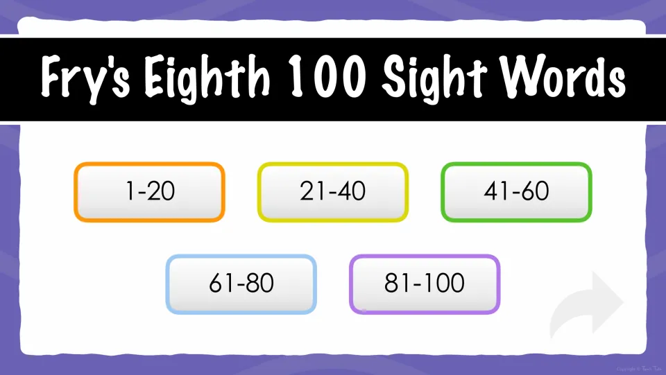 Fry's Eighth 100 sight words menu: students pick a word set, 1-20, 21-40, 41-60, 61-80 or 81-100, to start quizzing