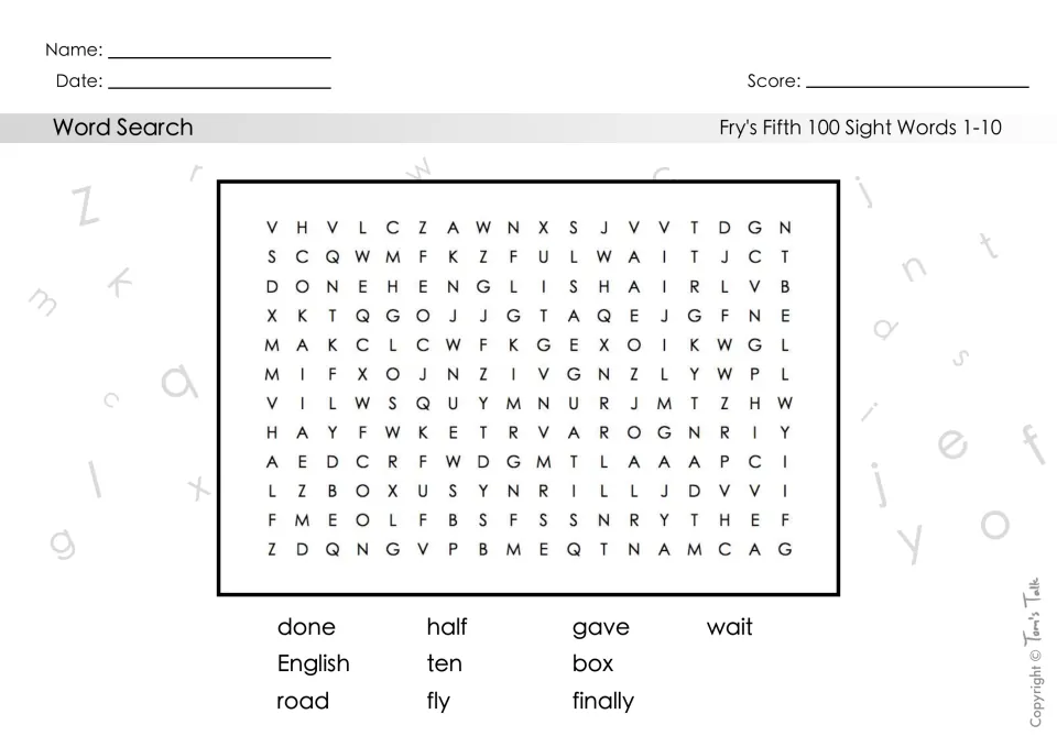 Sight words 1-10 word search: students find done, half, gave, wait, English, ten, box, road, fly and finally