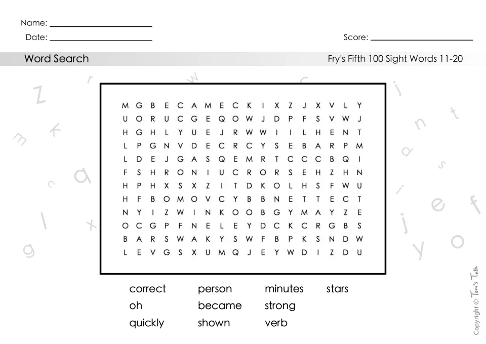 Sight words 11-20 word search: students locate correct, person, minutes, stars, oh, became, strong, quickly, shown, verb