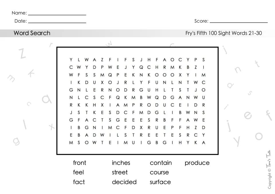 Sight words 21-30 word search: students find front, inches, contain, produce, feel, street, course, fact, decided, surface