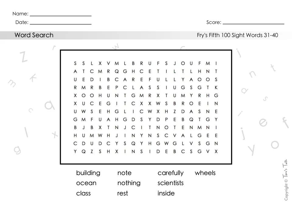 Sight words 31-40 word search: find building, note, carefully, wheels, ocean, nothing, scientists, class, rest and inside