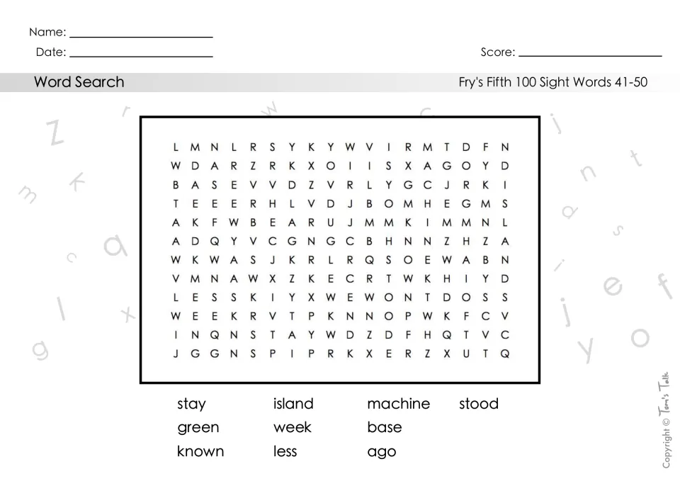 Sight words 41-50 word search: students spot stay, island, machine, stood, green, week, base, known, less and ago