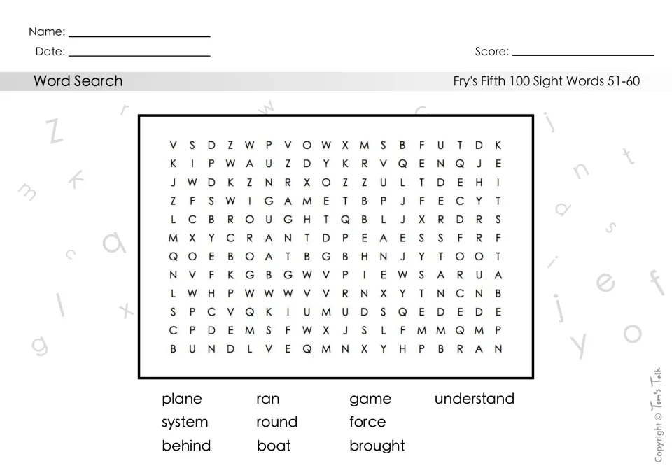 Sight words 51-60 word search: students find plane, ran, game, understand, system, round, force, behind, boat, brought