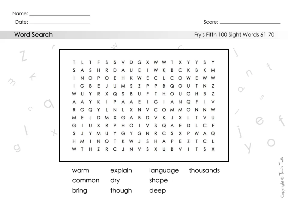 Sight words 61-70 word search: students locate warm, explain, language, thousands, common, dry, shape, bring, though, deep