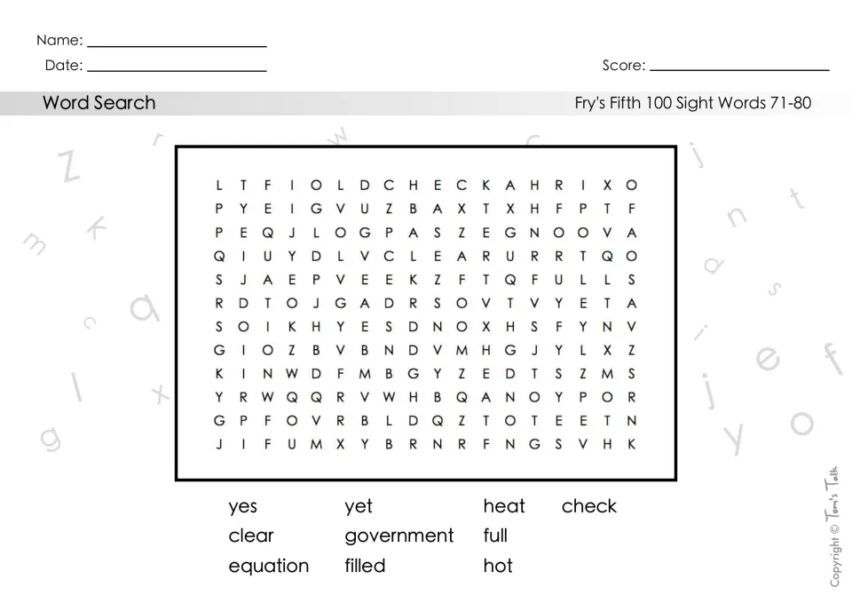 Sight words 71-80 word search: students hunt for yes, yet, heat, check, clear, government, full, equation, filled, hot