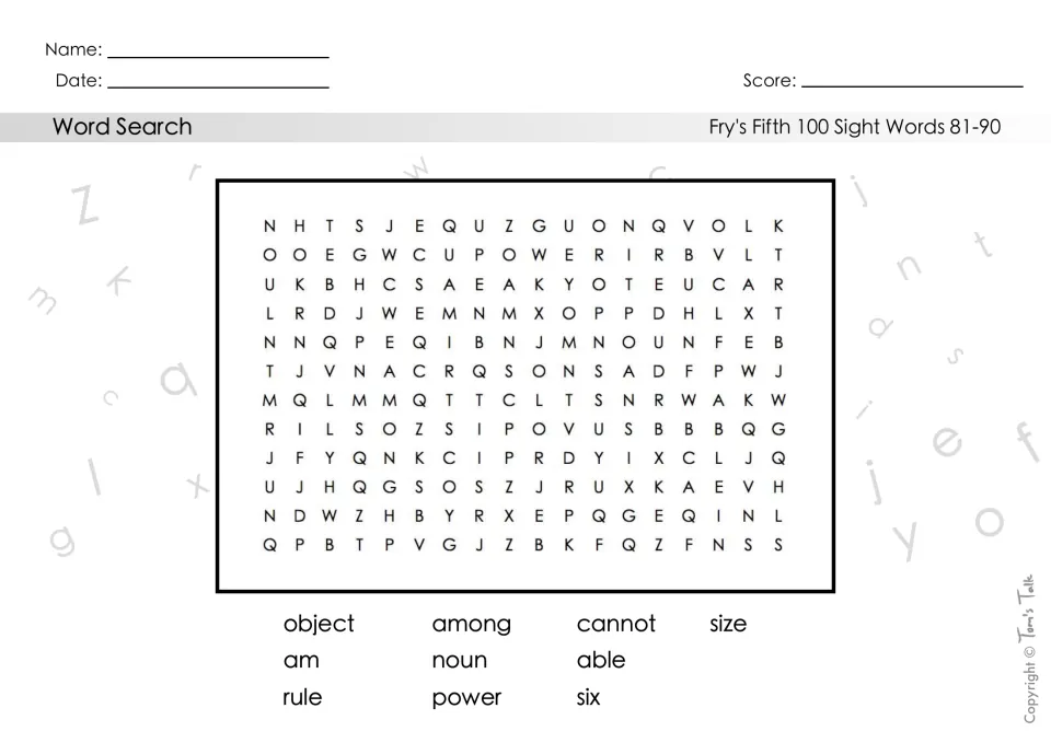 Sight words 81-90 word search: students find object, among, cannot, size, am, noun, able, rule, power and six