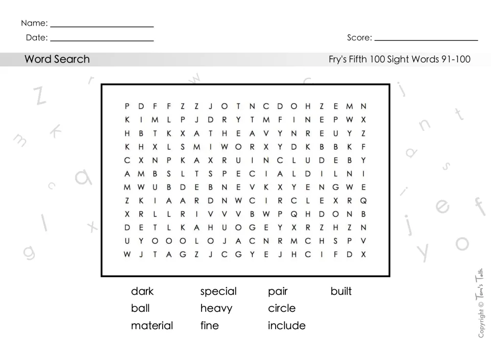 Sight words 91-100 word search: students spot dark, special, pair, built, ball, heavy, circle, material, fine, include