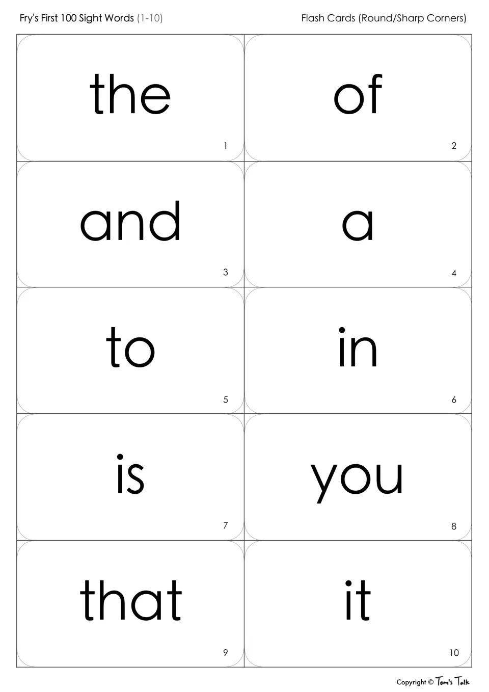 Fry sight words 1-10 flash cards: students read the, of, and, a, to, in, is, you, that and it by sight