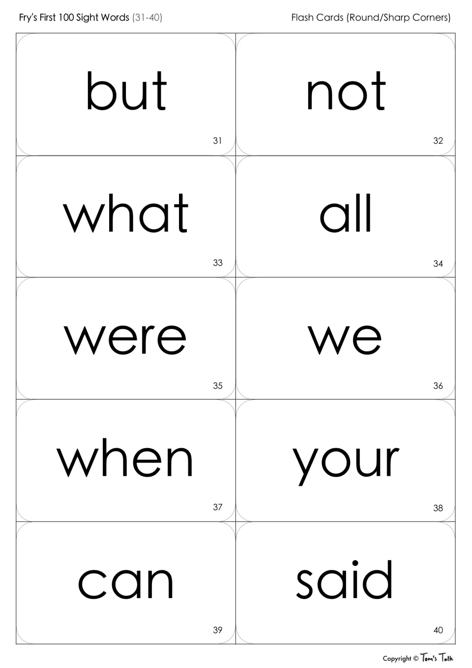 Fry sight words 31-40 flash cards: students read but, not, what, all, were, we, when, your, can and said by sight
