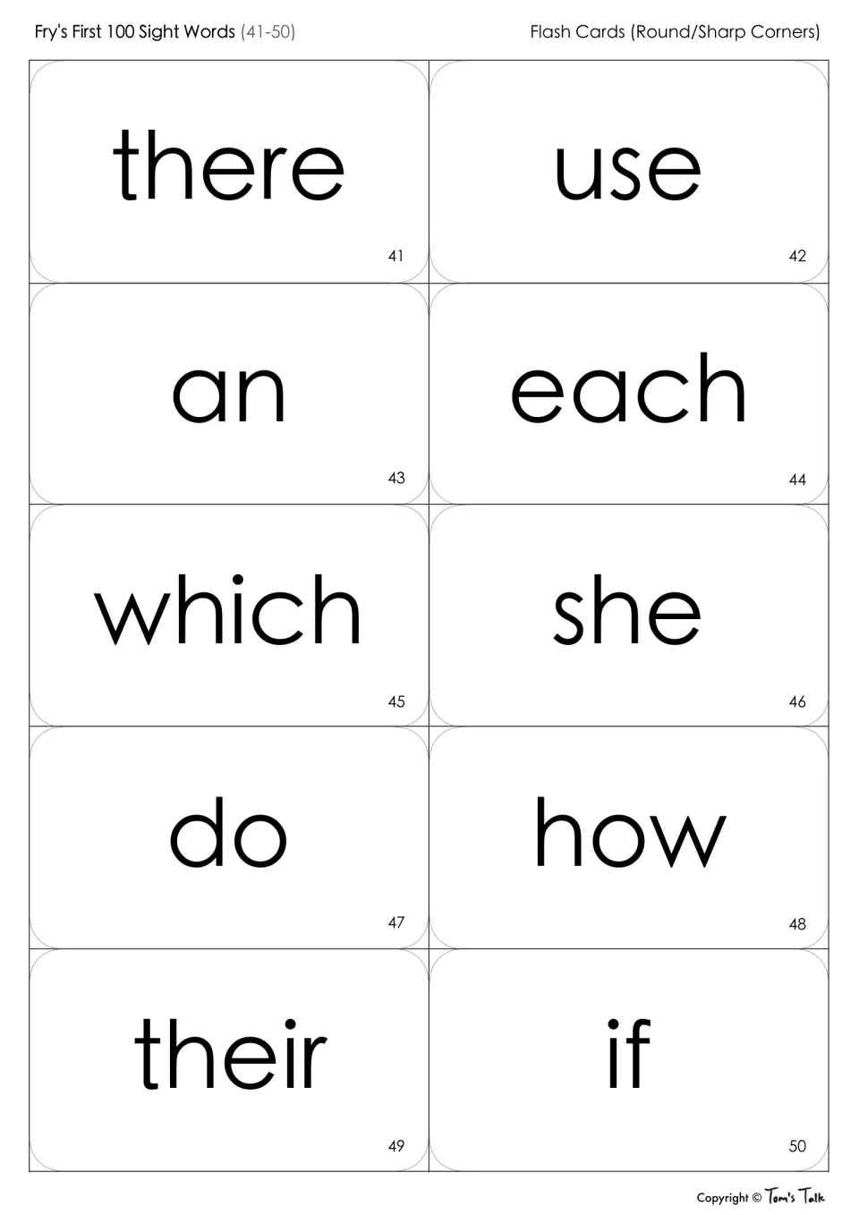 Fry sight words 41-50 flash cards: students read there, use, an, each, which, she, do, how, their and if by sight
