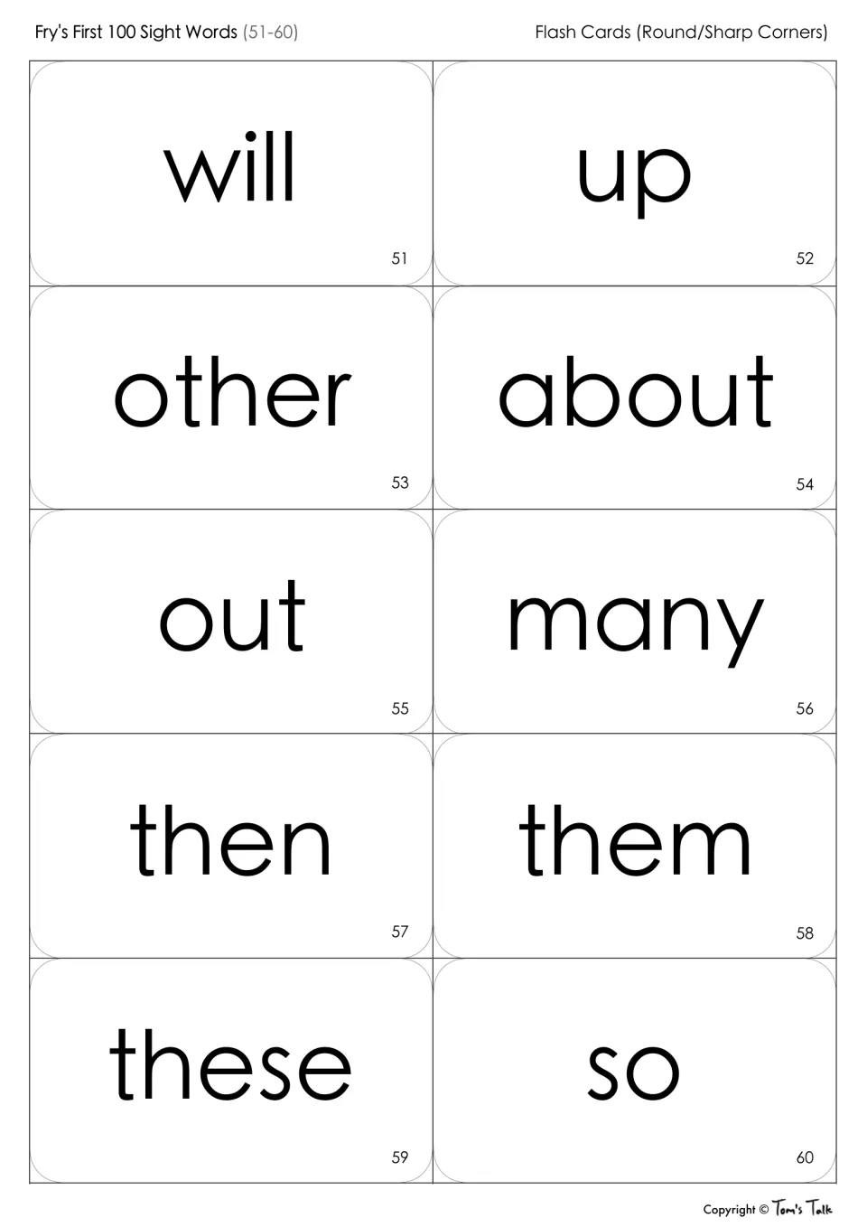 Fry sight words 51-60 flash cards: students read will, up, other, about, out, many, then, them, these and so by sight
