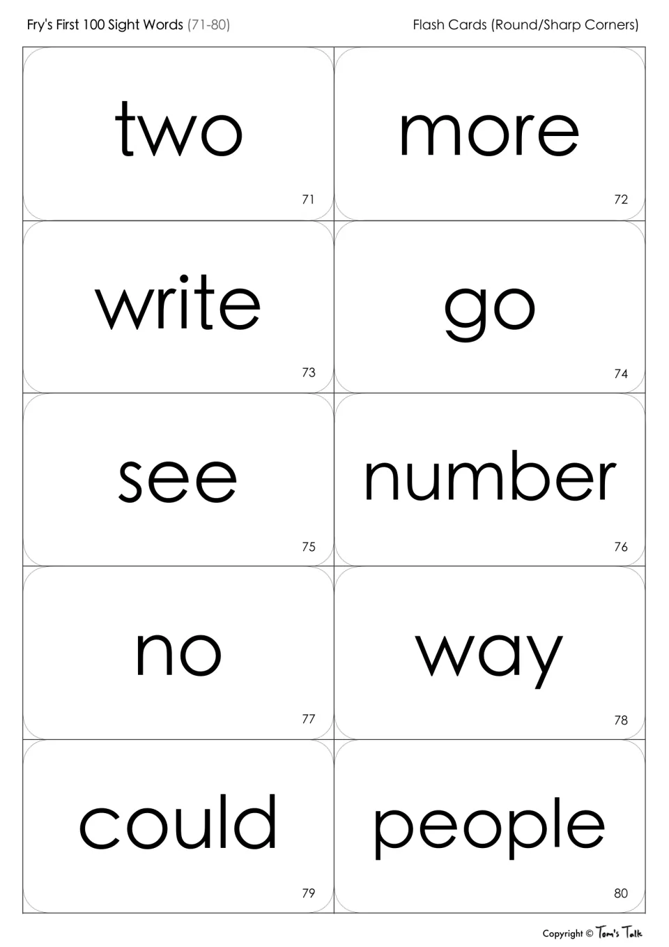Fry sight words 71-80 flash cards: students read two, more, write, go, see, number, no, way, could and people by sight