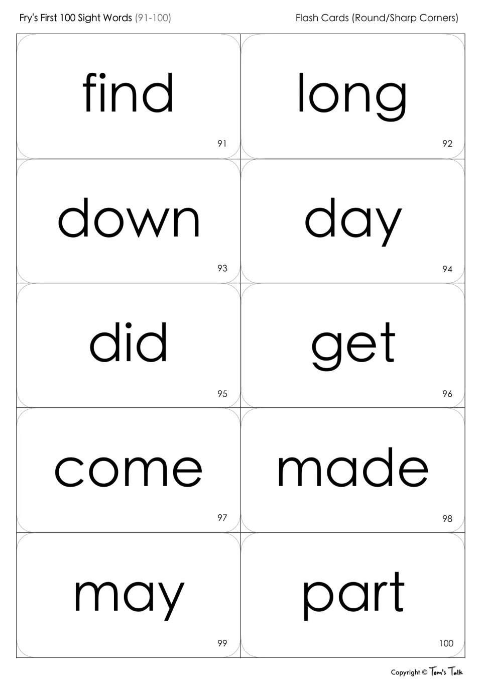 Fry sight words 91-100 flash cards: students read find, long, down, day, did, get, come, made, may and part by sight