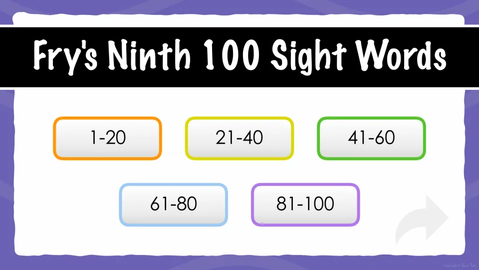 Sight word quiz menu: students choose a set of 20 words from the ranges 1-20, 21-40, 41-60, 61-80 and 81-100