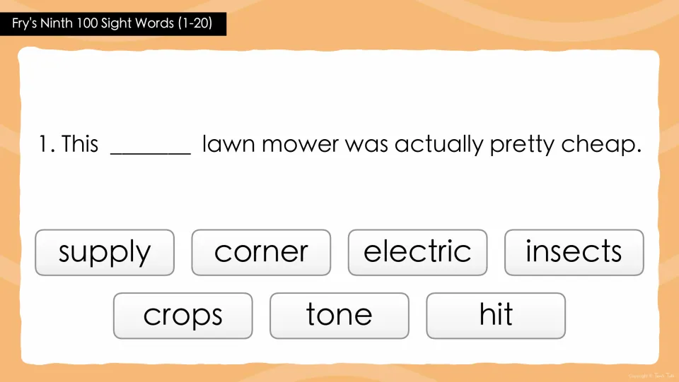 Sight words in context, question 1: students choose the word for 'This ___ lawn mower was actually pretty cheap.'
