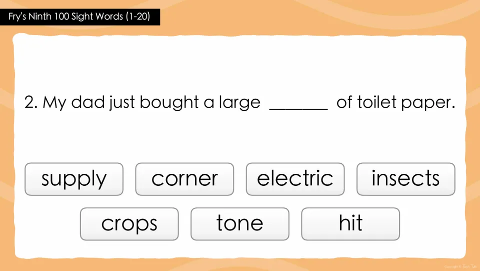 Sight words in context, question 2: students pick the word for 'My dad just bought a large ___ of toilet paper.'