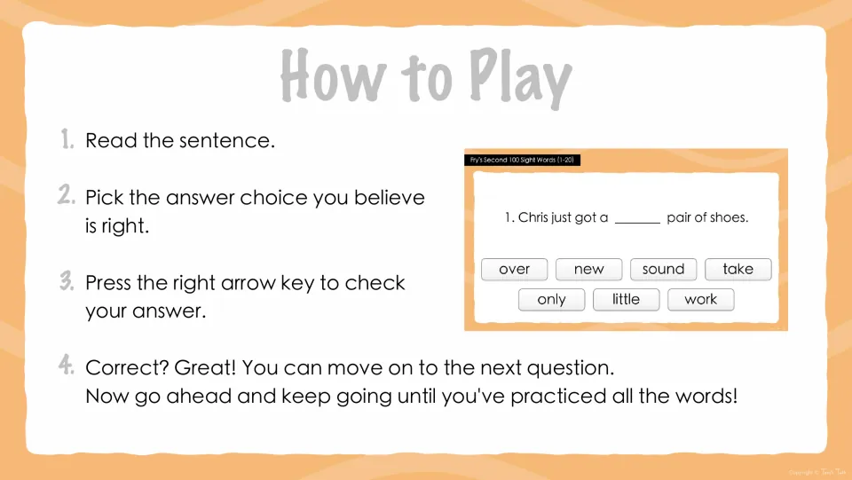 Quiz directions: read the sentence, choose an answer, press the right arrow key to check, and move on if correct
