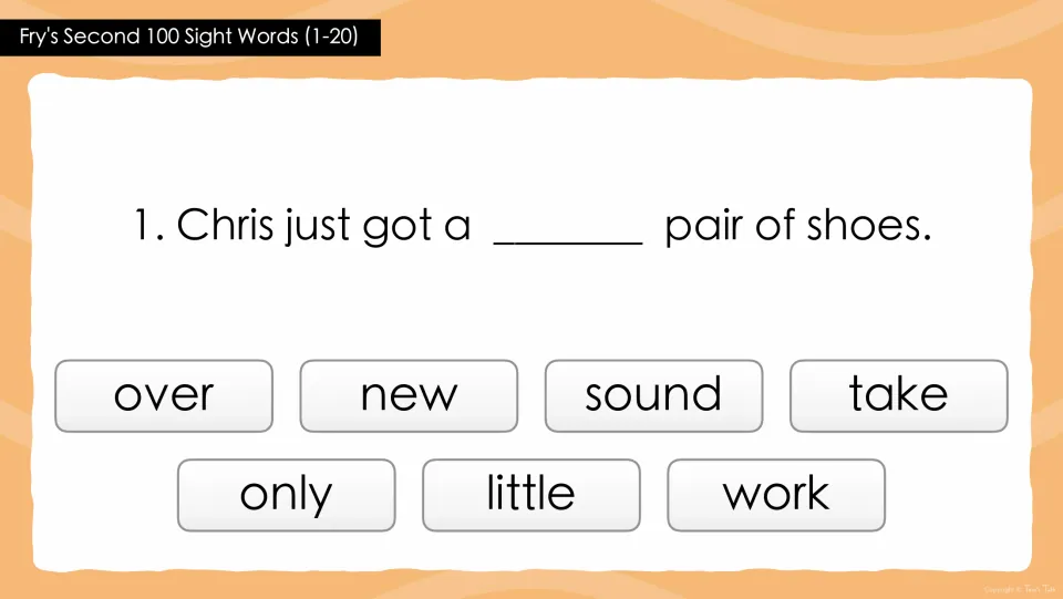 Word group 1–20, question 1: “Chris just got a _____ pair of shoes.” Choices include over, new, and sound